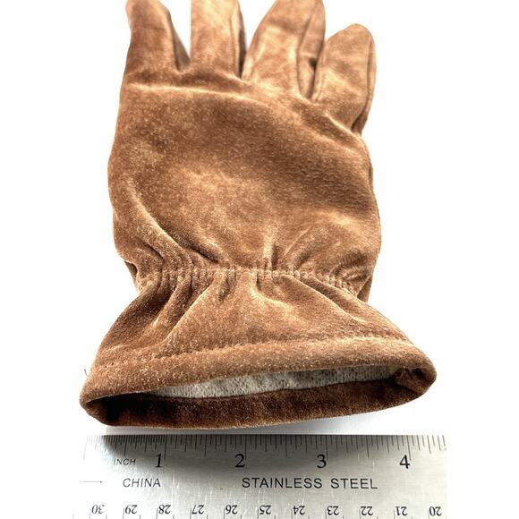 Isotoner Wonder Fit Suede Leather Gloves L/G Camel Brown Fleece Lined Aris 115 - Picture 4 of 7